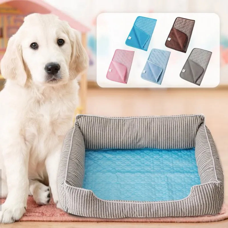 Golden retriever puppy with HushMat cooling mat color options