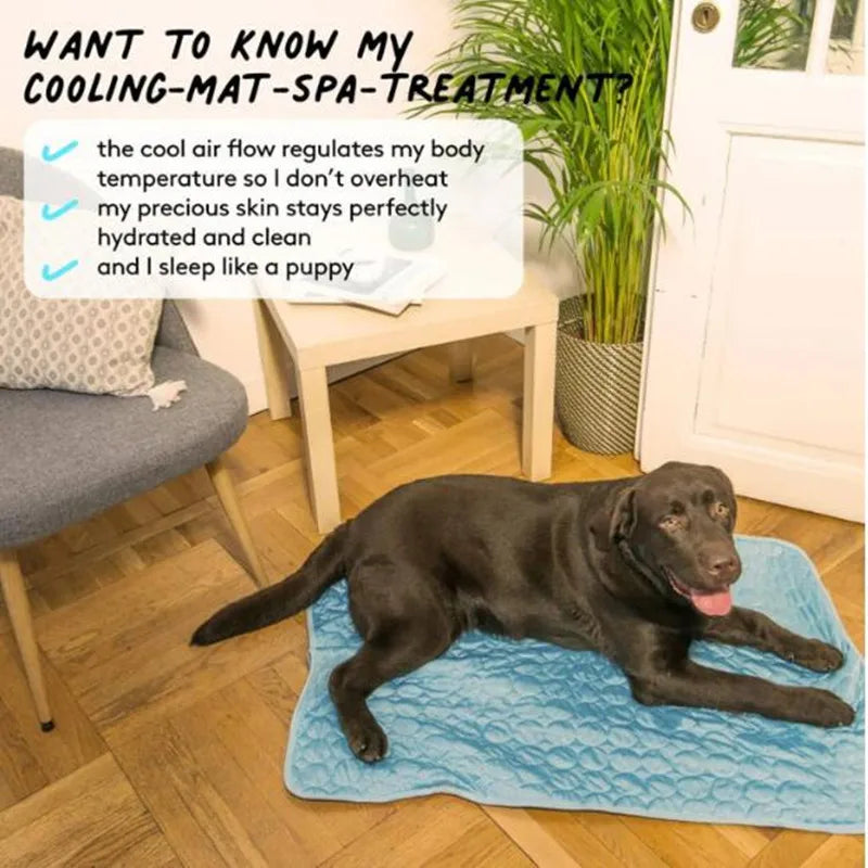 Dog lying on HushMat self-cooling pet mat at home